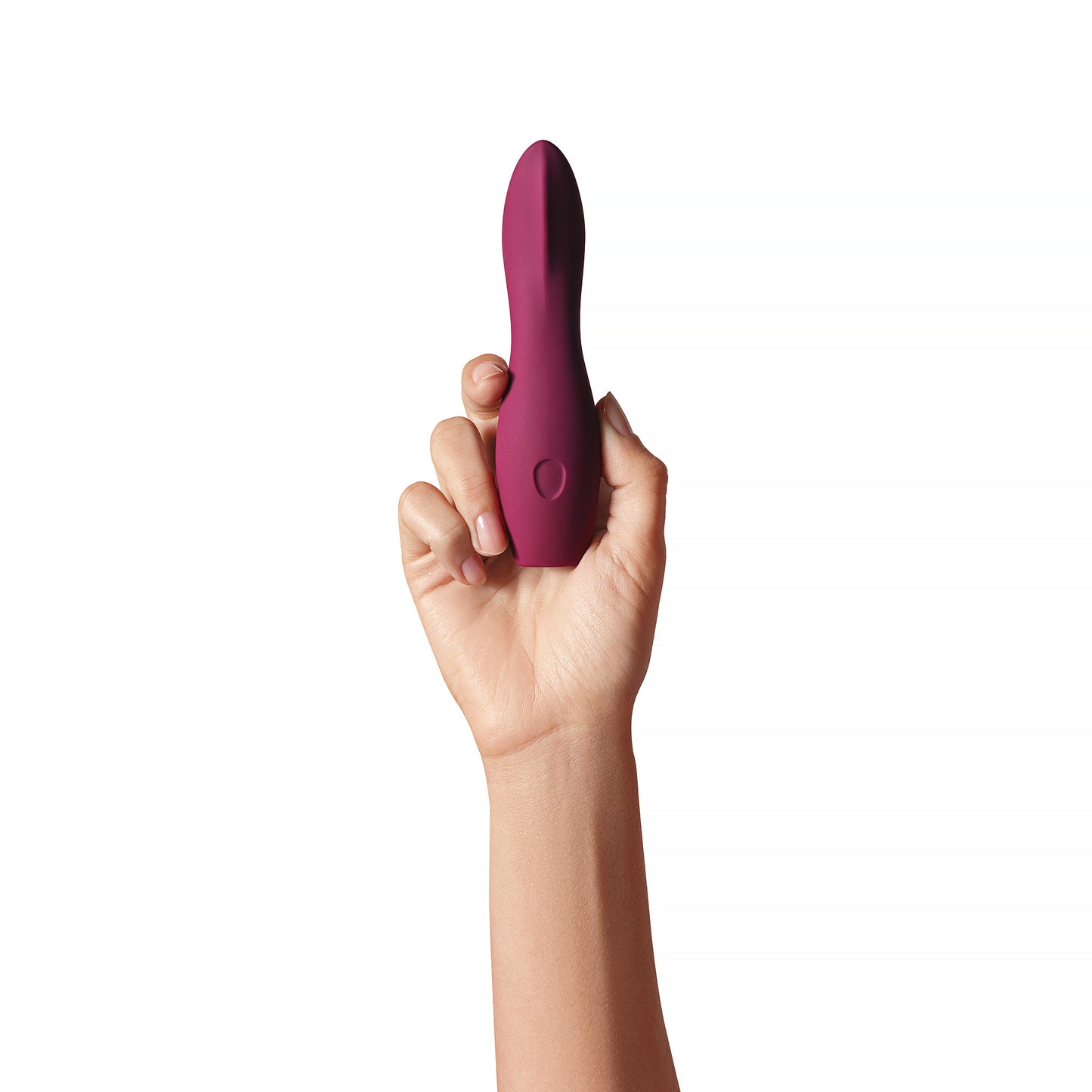 dip 2.0 di Dame, vibratore viola piccolo in silicone medico tenuto in mano