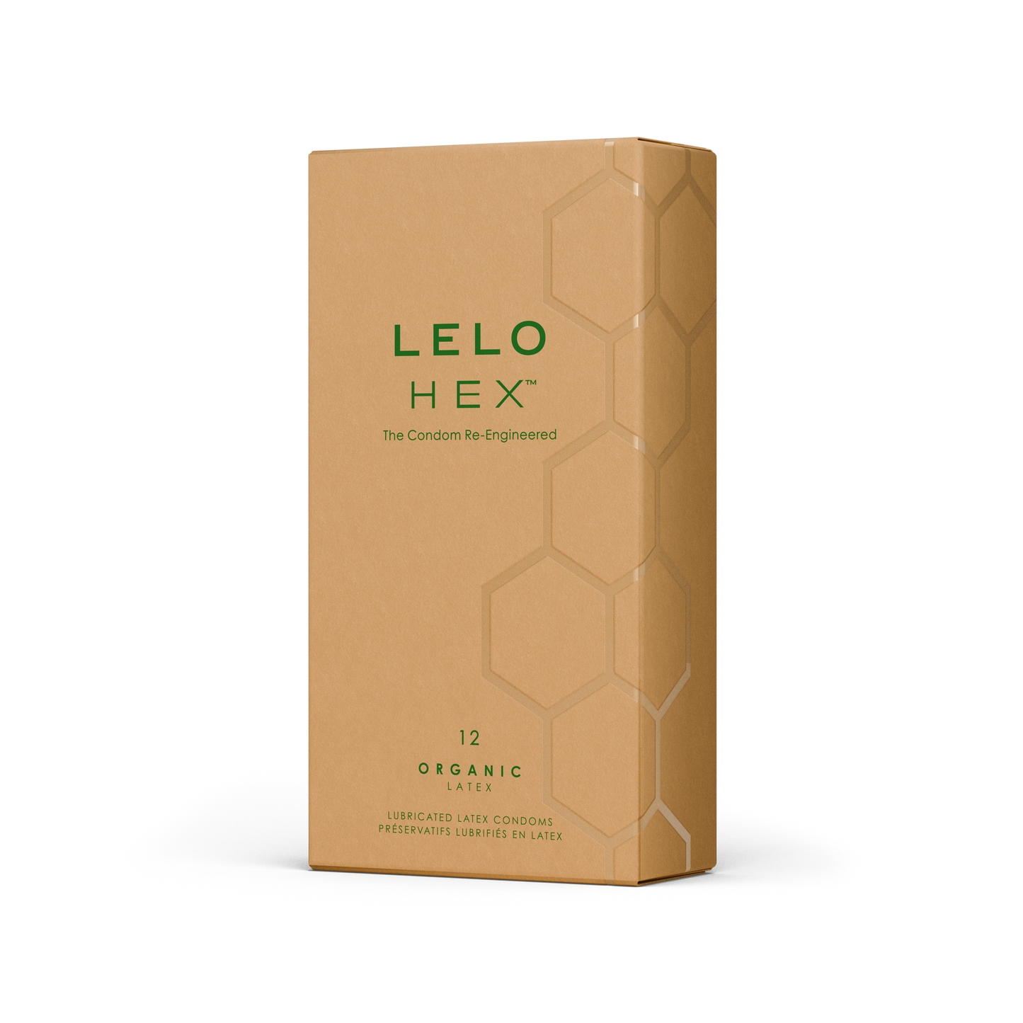 preservativi profilattici condom lelo hex organic confezione 12 packaging beige fondo trasparente