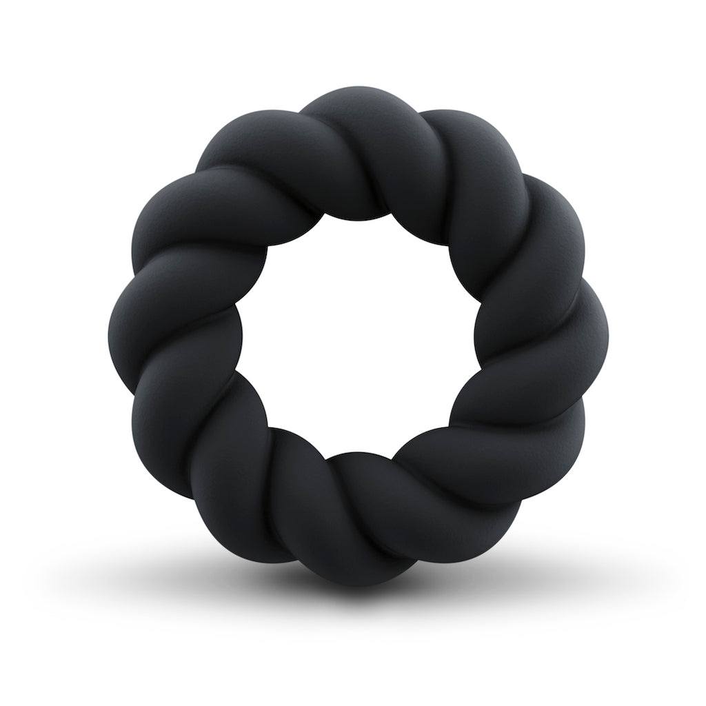 Anello fallico cock ring nero twist di rocks off, su sfondo bianco