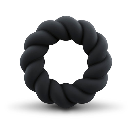 Anello fallico cock ring nero twist di rocks off, su sfondo bianco