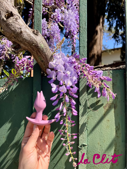 Plug anale per chi ha la clitoride, plug anale per donne, a forma di tulipano, rosa, insieme a dei fiori di glicine, made in germany, doppia penetrazione