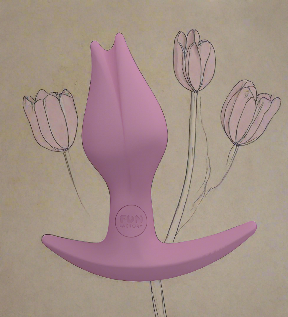 Plug anale per chi ha la clitoride per donne a forma di tulipano fun factory made in germany doppia penetrazione con un disegno di tulipani sullo sfondo