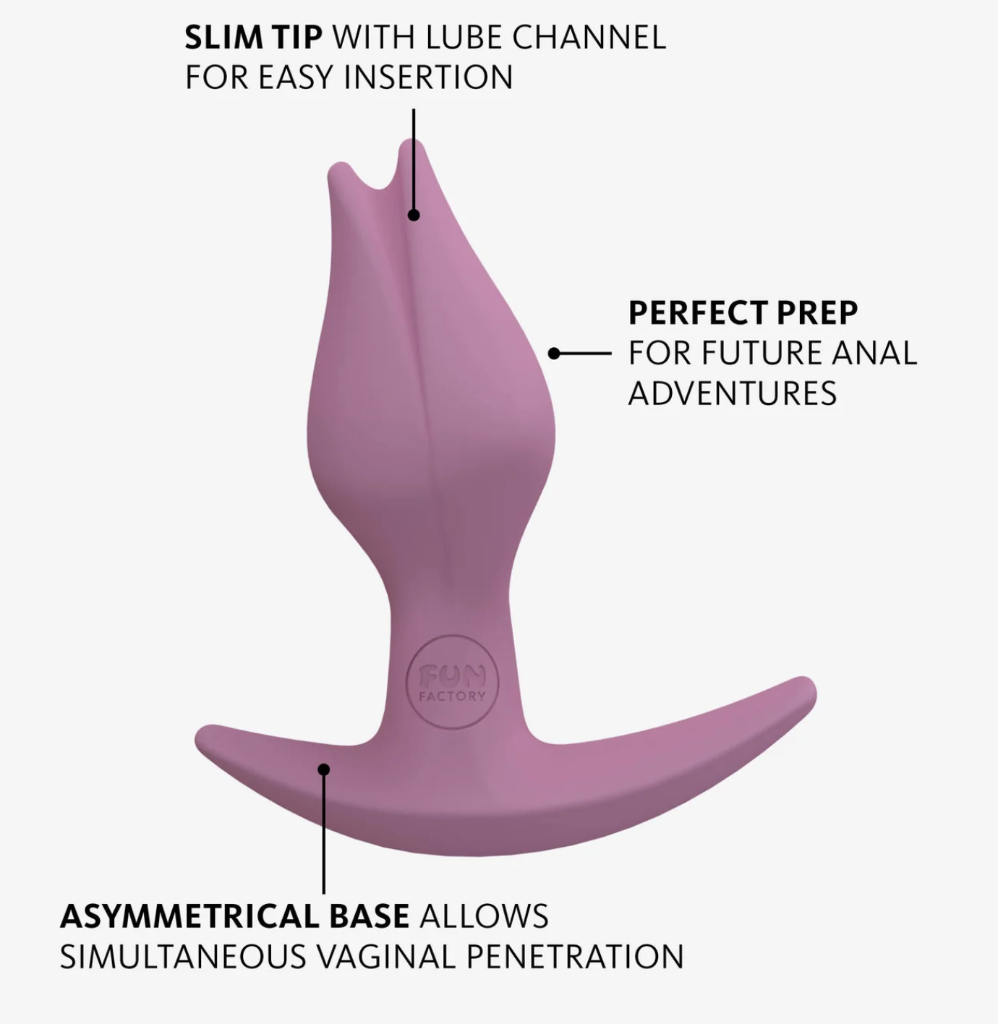 Plug anale per chi ha la clitoride per donne a forma di tulipano fun factory made in germany doppia penetrazione sfondo bianco con spiegazioni in inglese
